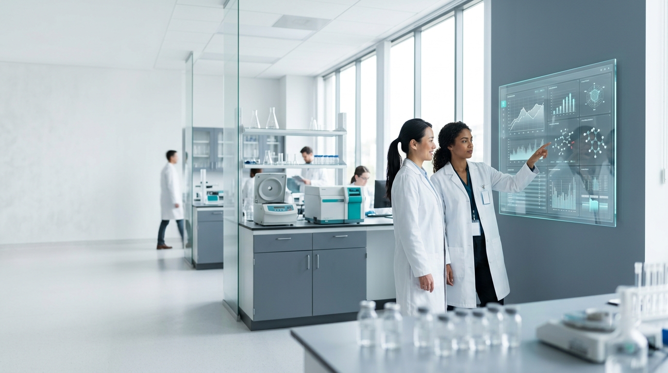 Scientists reviewing life-sciences data in a modern laboratory